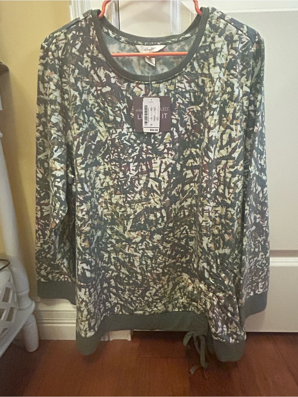 CJ Banks Olive Green Abstract Print Crewneck Sweater